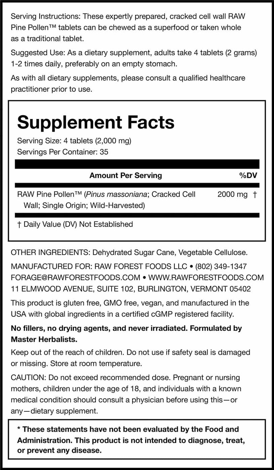 Forest Manna RAW Pine Pollen Tablets » Chewable » 140 Count Pouch